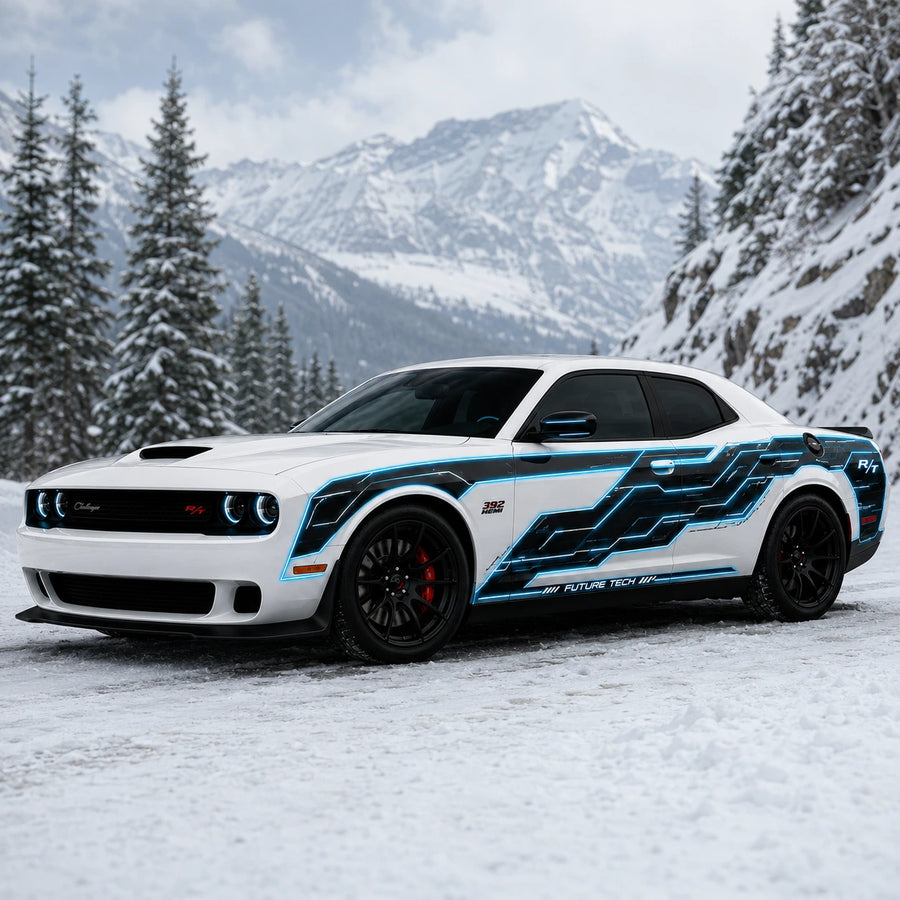 Dodge Challenger R/T Future Tech neon circuit decal snowy pine forest front three-quarter close angle view