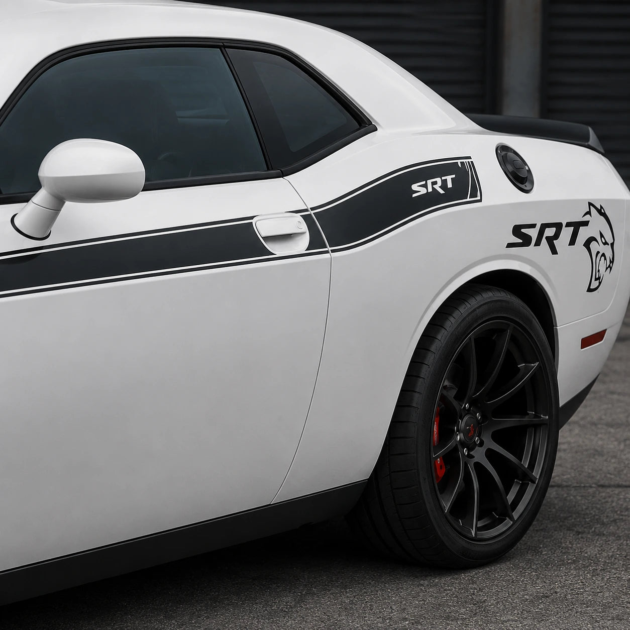Dodge Challenger SRT Hellcat side stripe decal close-up rear quarter panel Hellcat lion badge