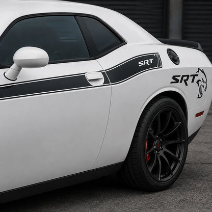 Dodge Challenger SRT Hellcat side stripe decal close-up rear quarter panel Hellcat lion badge
