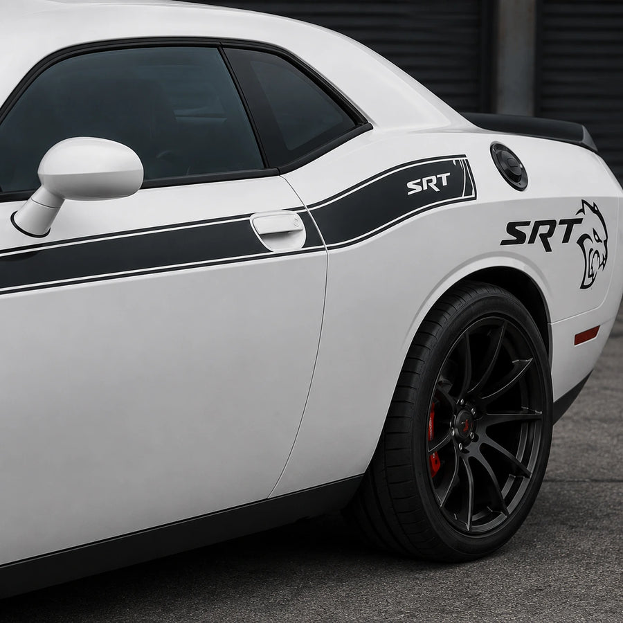 Dodge Challenger SRT Hellcat side stripe decal close-up rear quarter panel Hellcat lion badge