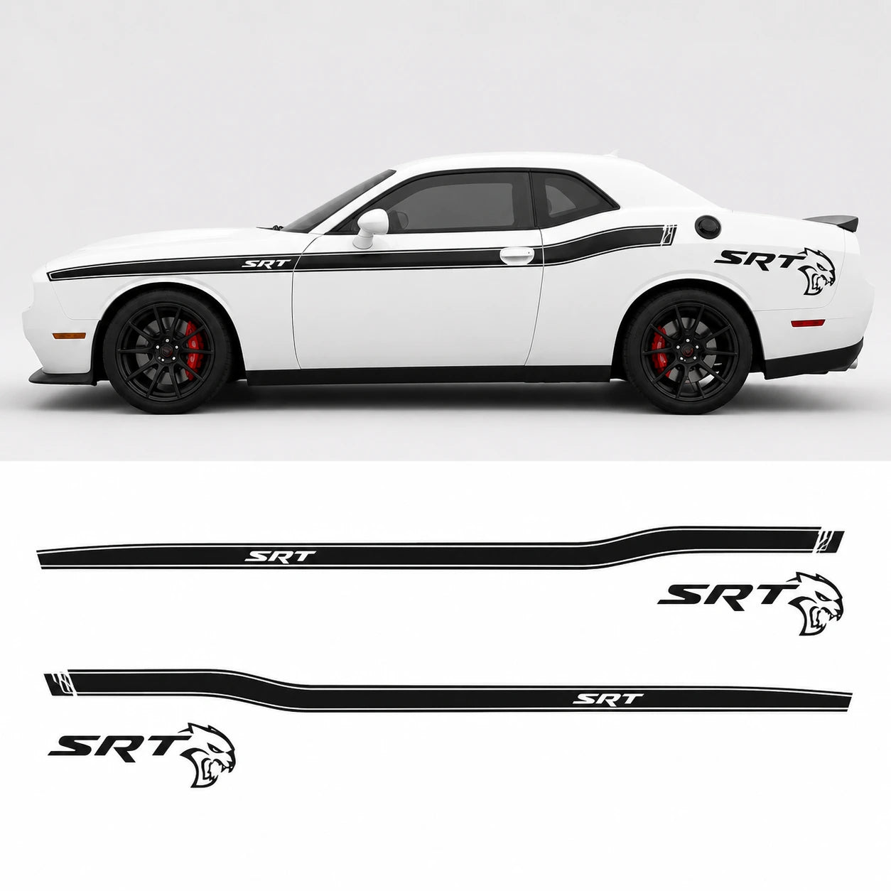 Dodge Challenger SRT Hellcat side stripe decal full side view with decal sheet layout white background