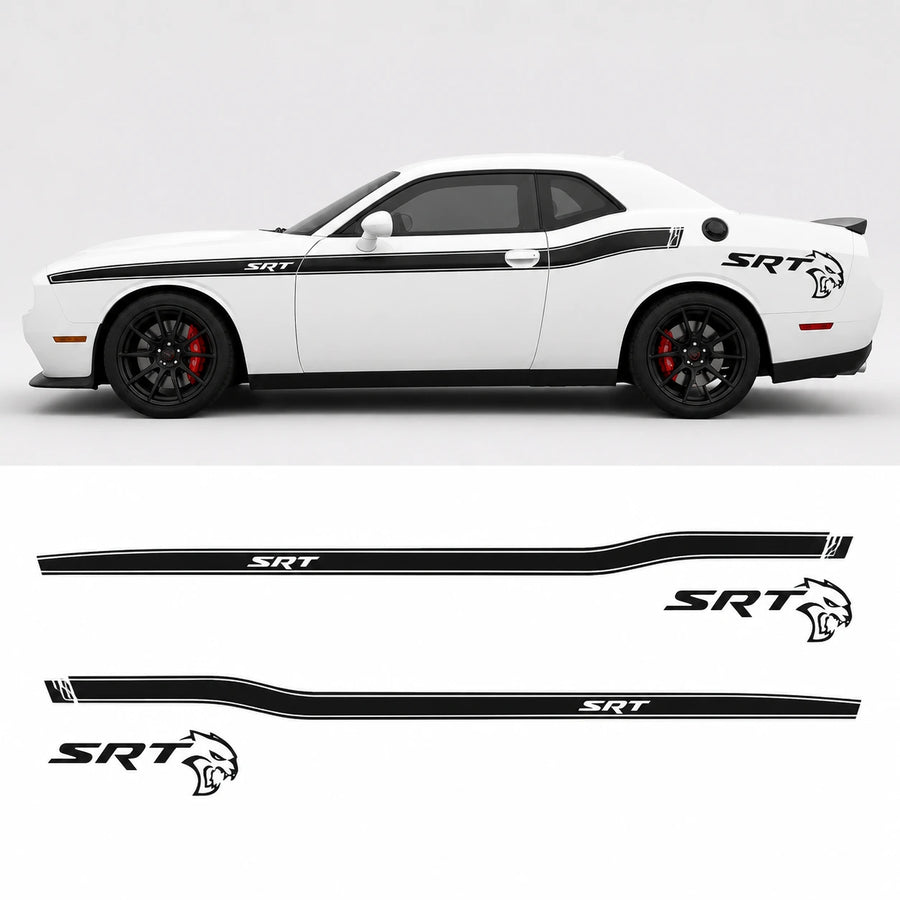 Dodge Challenger SRT Hellcat side stripe decal full side view with decal sheet layout white background
