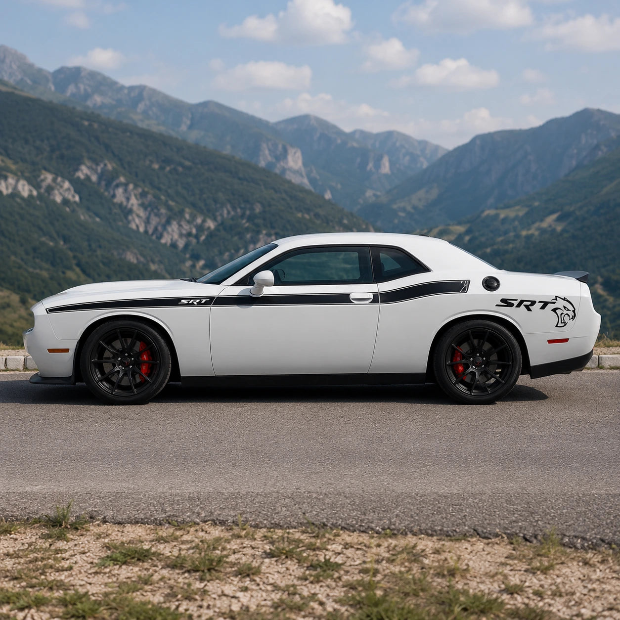 Dodge Challenger SRT Hellcat side stripe decal mountain road side profile sunny day