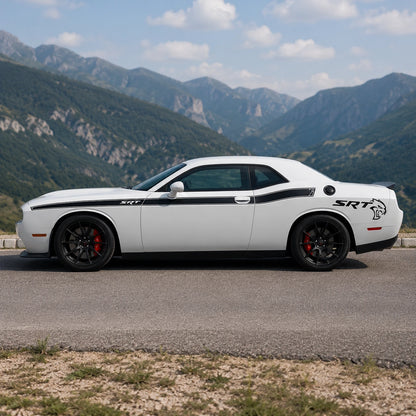 Dodge Challenger SRT Hellcat side stripe decal mountain road side profile sunny day