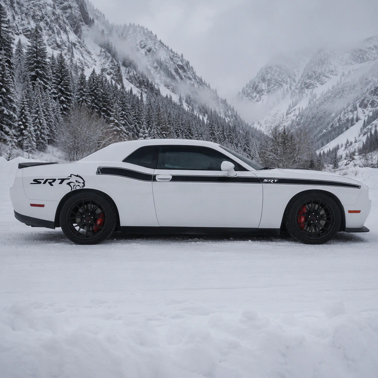 Dodge Challenger SRT Hellcat side stripe decal full side profile snowy alpine canyon landscape