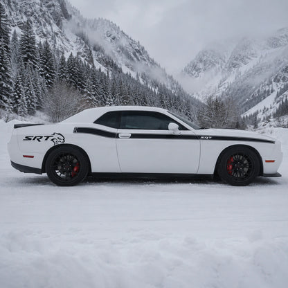 Dodge Challenger SRT Hellcat side stripe decal full side profile snowy alpine canyon landscape