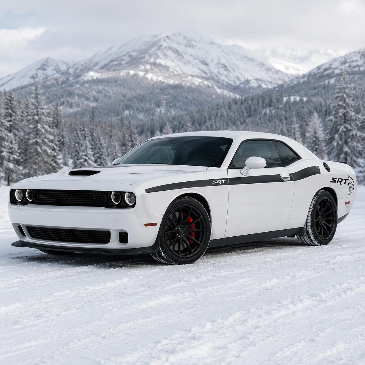 Dodge Challenger SRT Hellcat side stripe decal front three-quarter view snowy mountain winter