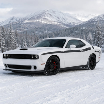 Dodge Challenger SRT Hellcat side stripe decal front three-quarter view snowy mountain winter