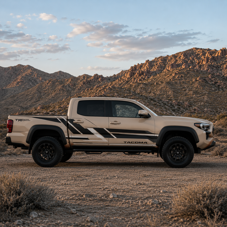 Toyota Tacoma with TRD style geometric truck decal in black and white vinyl