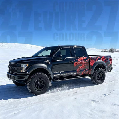 Red Dragon Flame Vinyl Wrap Applied on Ford Raptor – Attack Style Truck Decal Side View