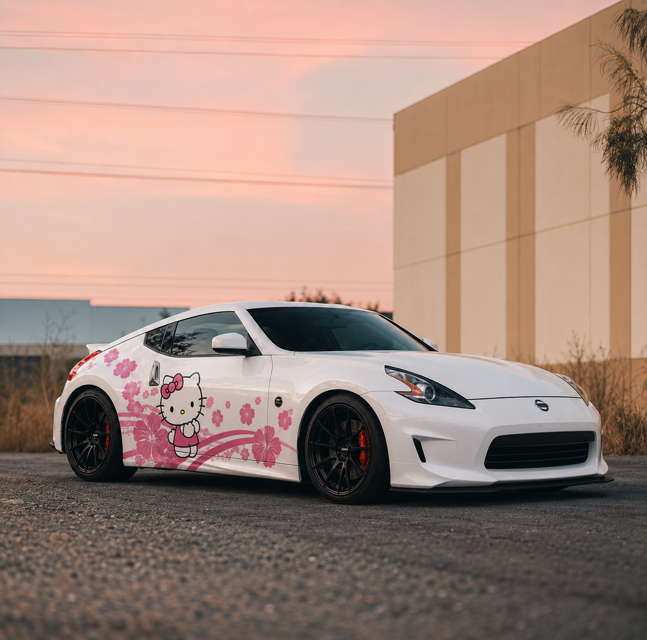 WEEMCUSTOM Hello Kitty cherry blossom custom car decal wrap on white sports car – unique vinyl graphics for self-expression