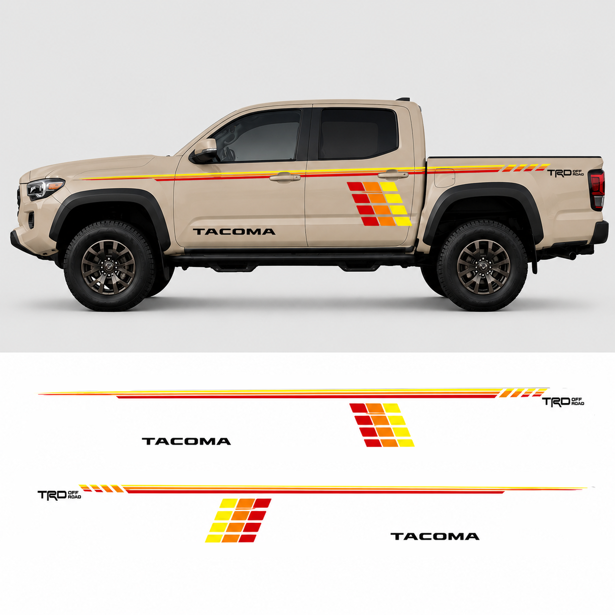 Retro stripe truck decal kit layout showing all vinyl pieces for Toyota Tacoma
