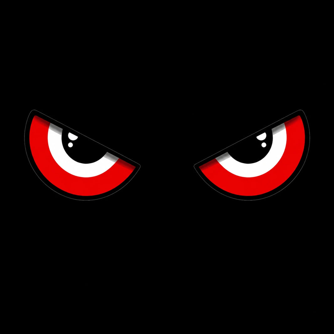 Evil red demon eyes car decal design on black background – scary glowing red eyes vinyl sticker with bold outlines