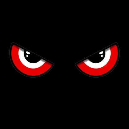 Evil red demon eyes car decal design on black background – scary glowing red eyes vinyl sticker with bold outlines