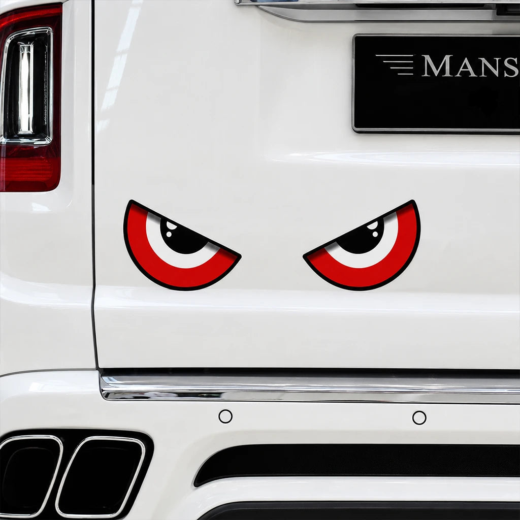 Evil red demon eyes car decal close-up on white SUV rear bumper – aggressive vinyl sticker by WEEM Custom
