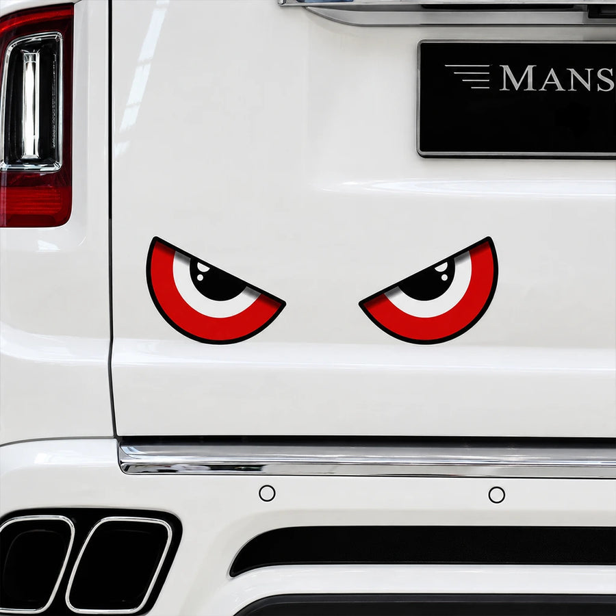 Evil red demon eyes car decal close-up on white SUV rear bumper – aggressive vinyl sticker by WEEM Custom