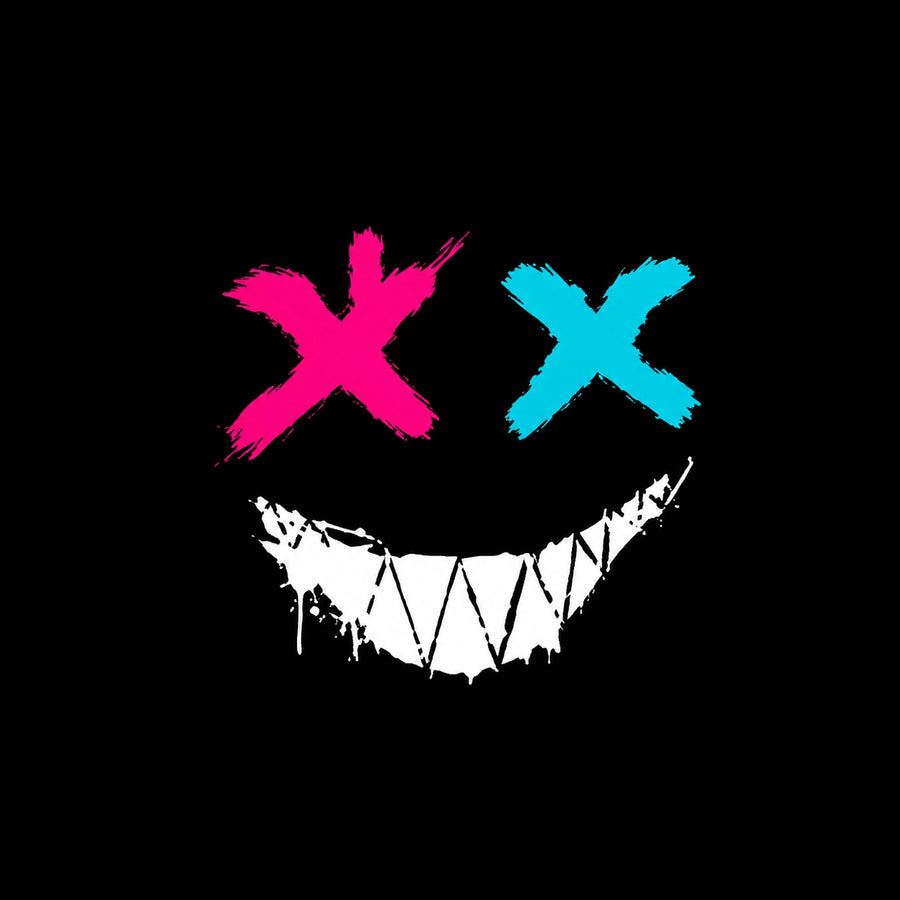 Evil XX smiley face vinyl decal design isolated on black background showing hot pink X eye electric blue X eye and white drip grin
