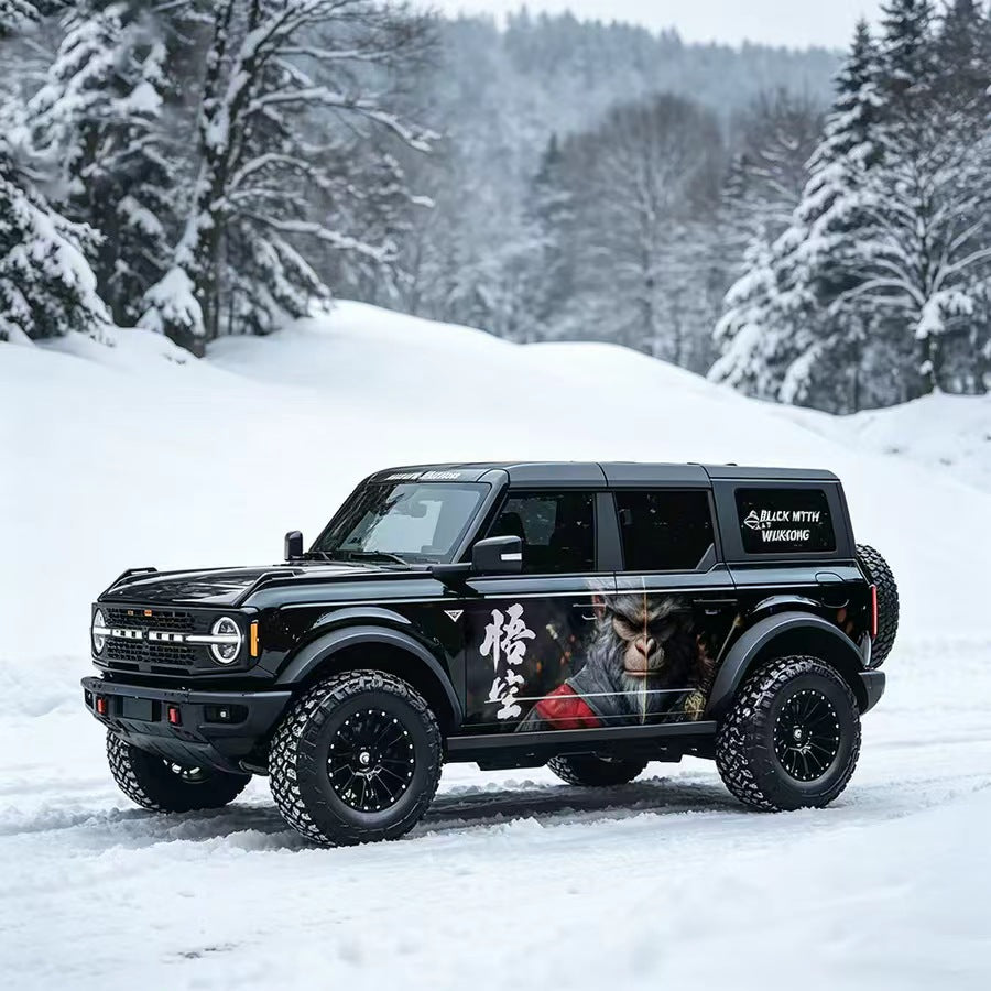 Black Ford Bronco with Wukong Monkey King Mythical Warrior Side Vinyl Wrap in Snow
