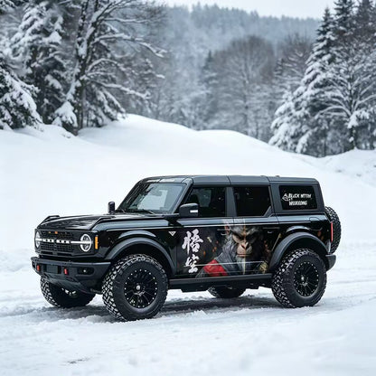 Black Ford Bronco with Wukong Monkey King Mythical Warrior Side Vinyl Wrap in Snow