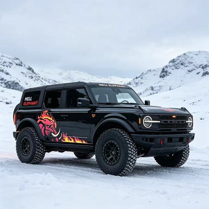 Black SUV with Flaming Elephant Fire Beast Side Graphic Vinyl Wrap in Snow