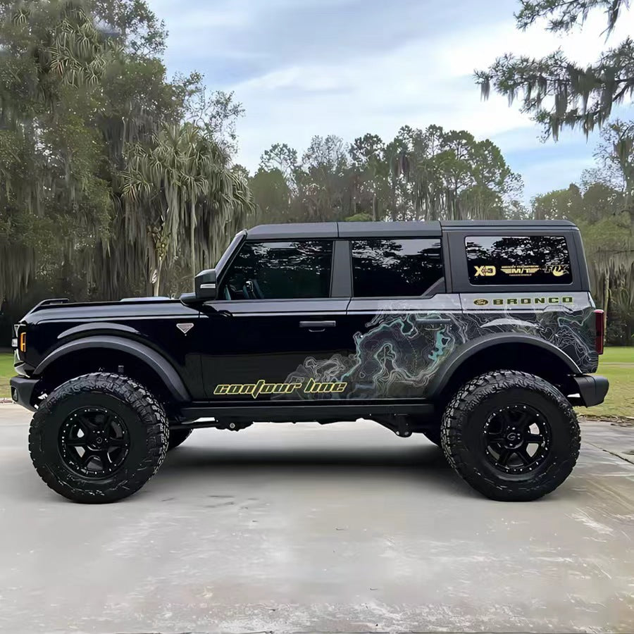 Topographic Pattern SUV Decal – Contour Style Side Graphic Kit on Black Ford Bronco in Tropical Palm Setting