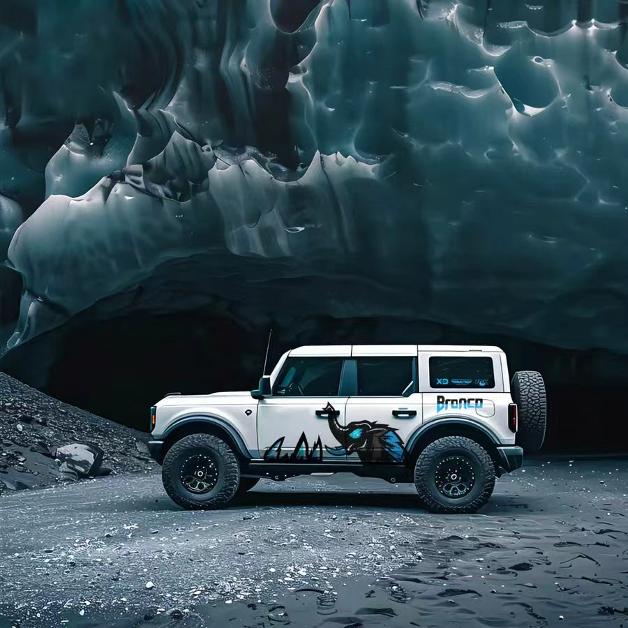 Blue Elephant Off-Road SUV Decal – Bold Side Graphic Kit on White SUV in Dark Cave Scene