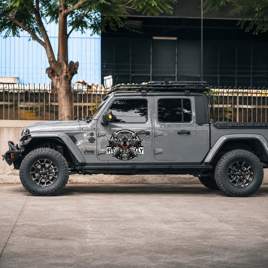 Fitness Bully PCT vinyl decal sticker on Jeep Gladiator full side view street

