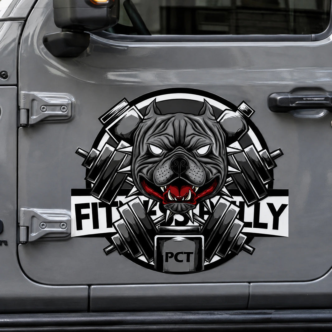 Fitness Bully PCT vinyl decal sticker on Jeep Wrangler door close up pitbull barbell