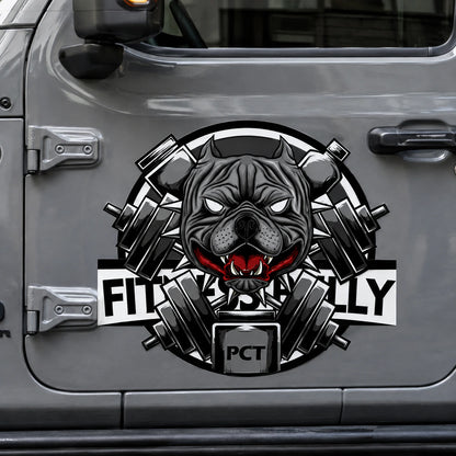 Fitness Bully PCT vinyl decal sticker on Jeep Wrangler door close up pitbull barbell