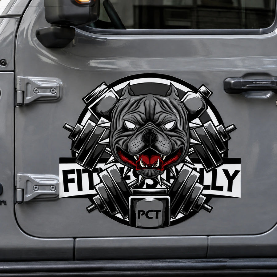 Fitness Bully PCT vinyl decal sticker on Jeep Wrangler door close up pitbull barbell