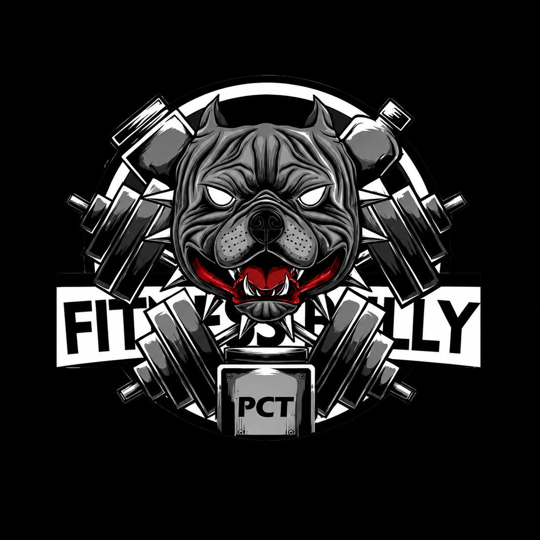Fitness Bully PCT vinyl decal logo fierce pitbull crossed barbells black background