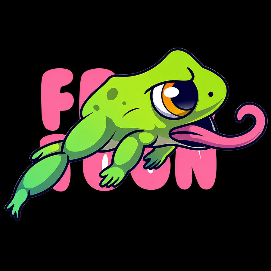 Frog Toon vinyl decal logo cartoon green frog curling pink tongue pink graffiti lettering black background