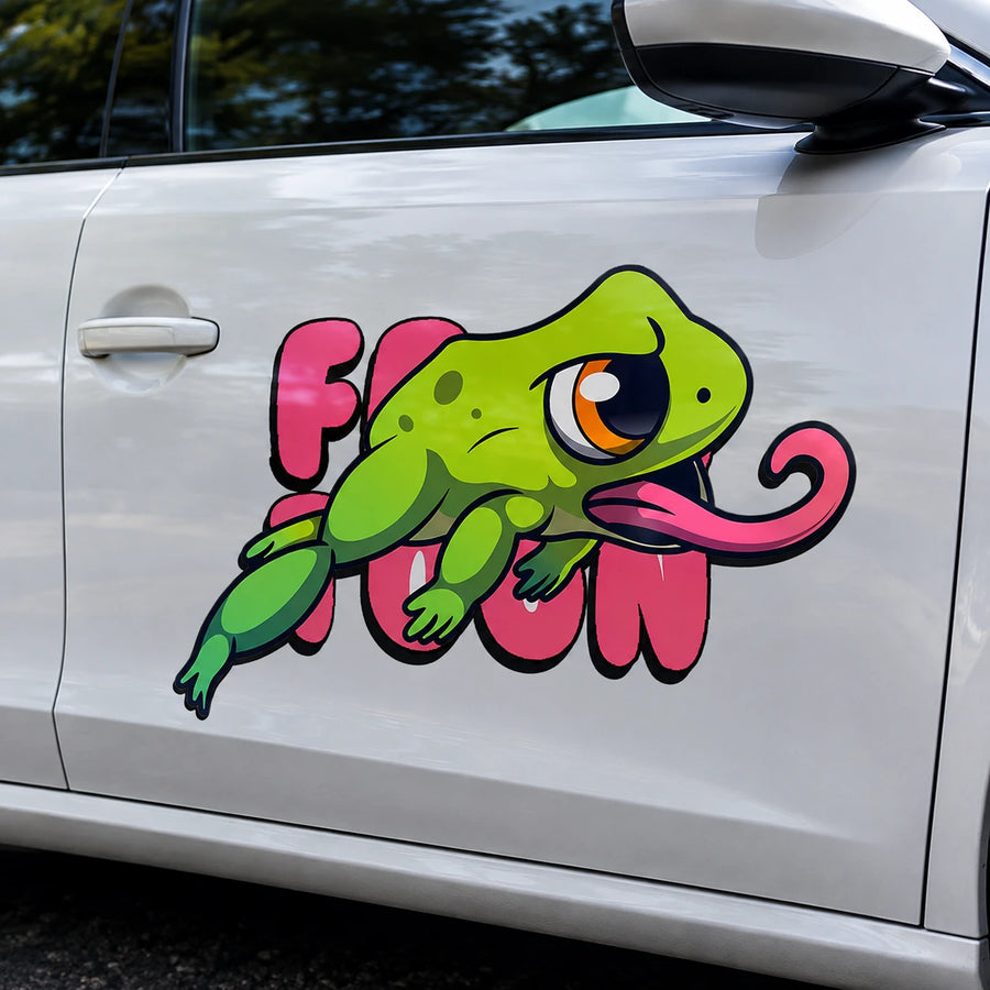 Frog Toon funny vinyl decal sticker on white car front door close up neon green frog pink tongue
