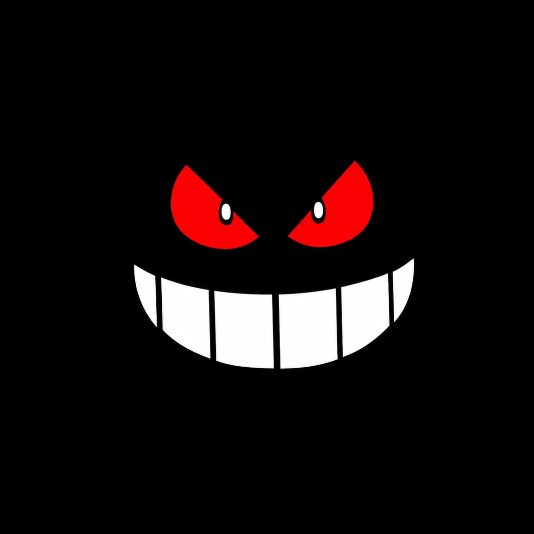 Gengar evil smile car decal design on black background – scary Pokemon red eyes white teeth vinyl sticker