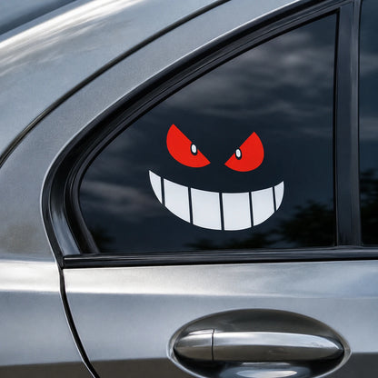 Gengar evil smile car window decal close-up on silver car door glass – Pokemon ghost vinyl sticker by WEEM Custom