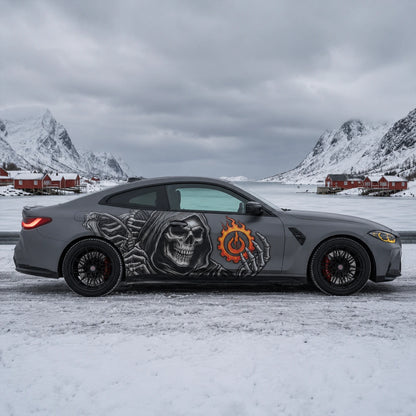 Matte gray BMW M4 with grim reaper skull side decal – full side profile in snowy Norwegian village landscape