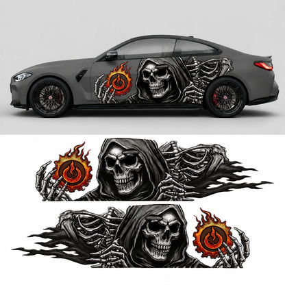 Grim reaper car side decal mockup on gray BMW M4 – full side view with flat left and right decal artwork below