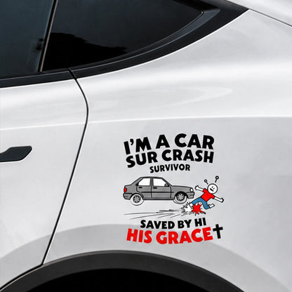 His grace car crash survivor decal close-up on white car door – premium vinyl sticker by WEEM Custom