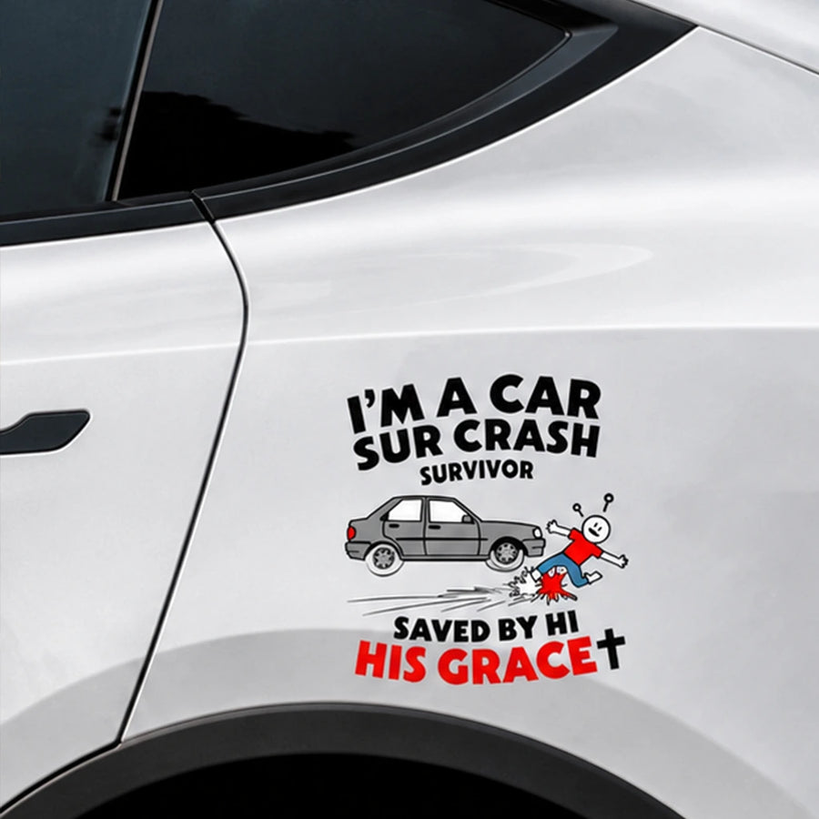 His grace car crash survivor decal close-up on white car door – premium vinyl sticker by WEEM Custom