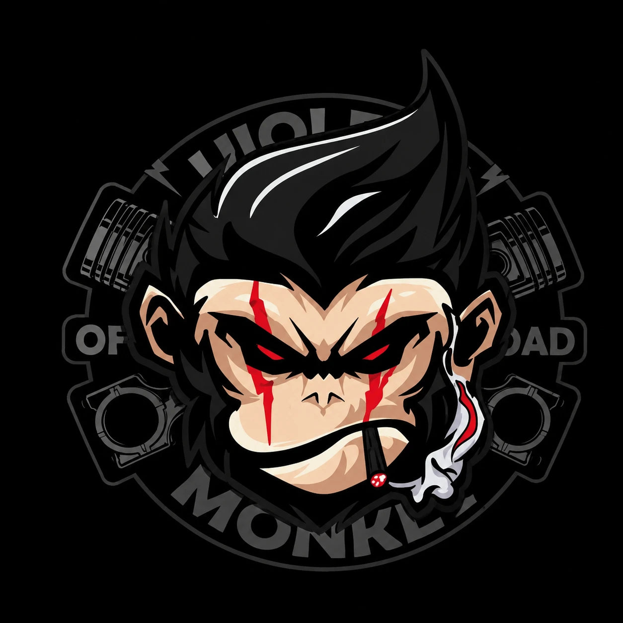Holy Monkey Offroad vinyl decal circle logo battle-scarred monkey crossed pistons black background