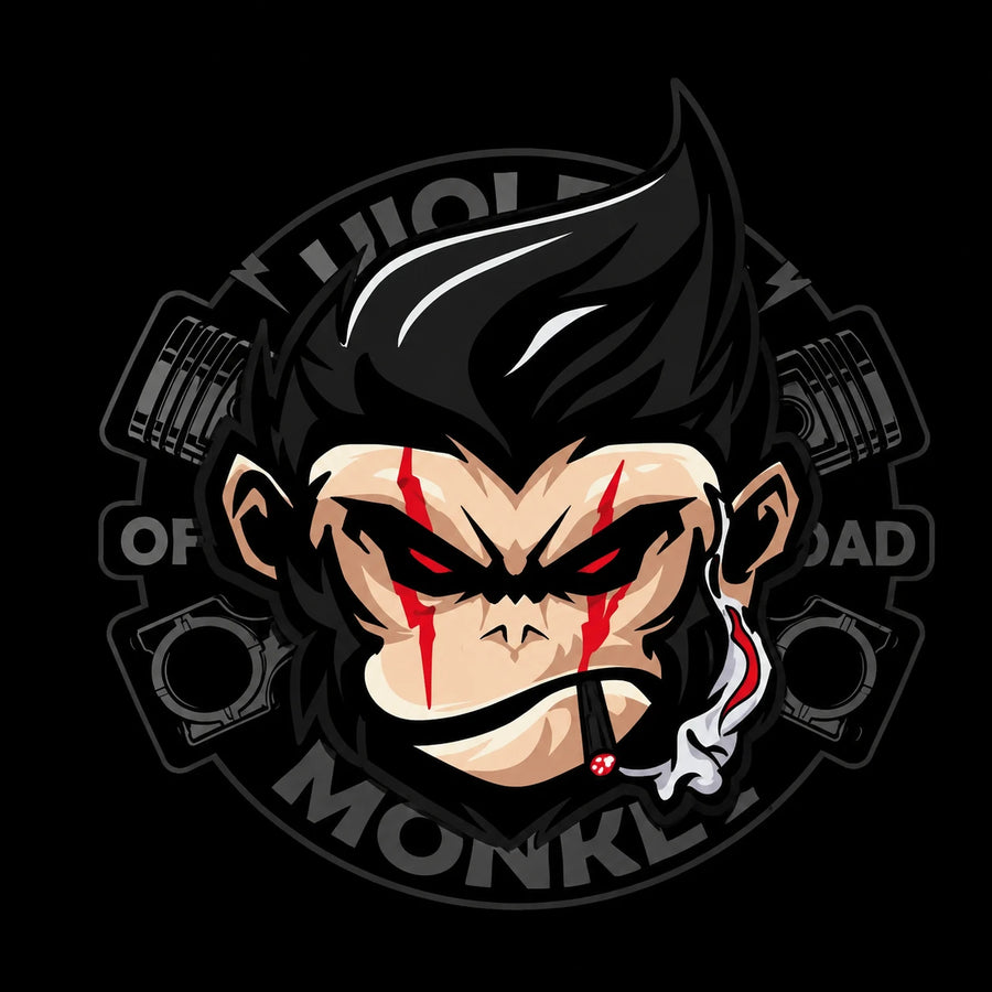 Holy Monkey Offroad vinyl decal circle logo battle-scarred monkey crossed pistons black background