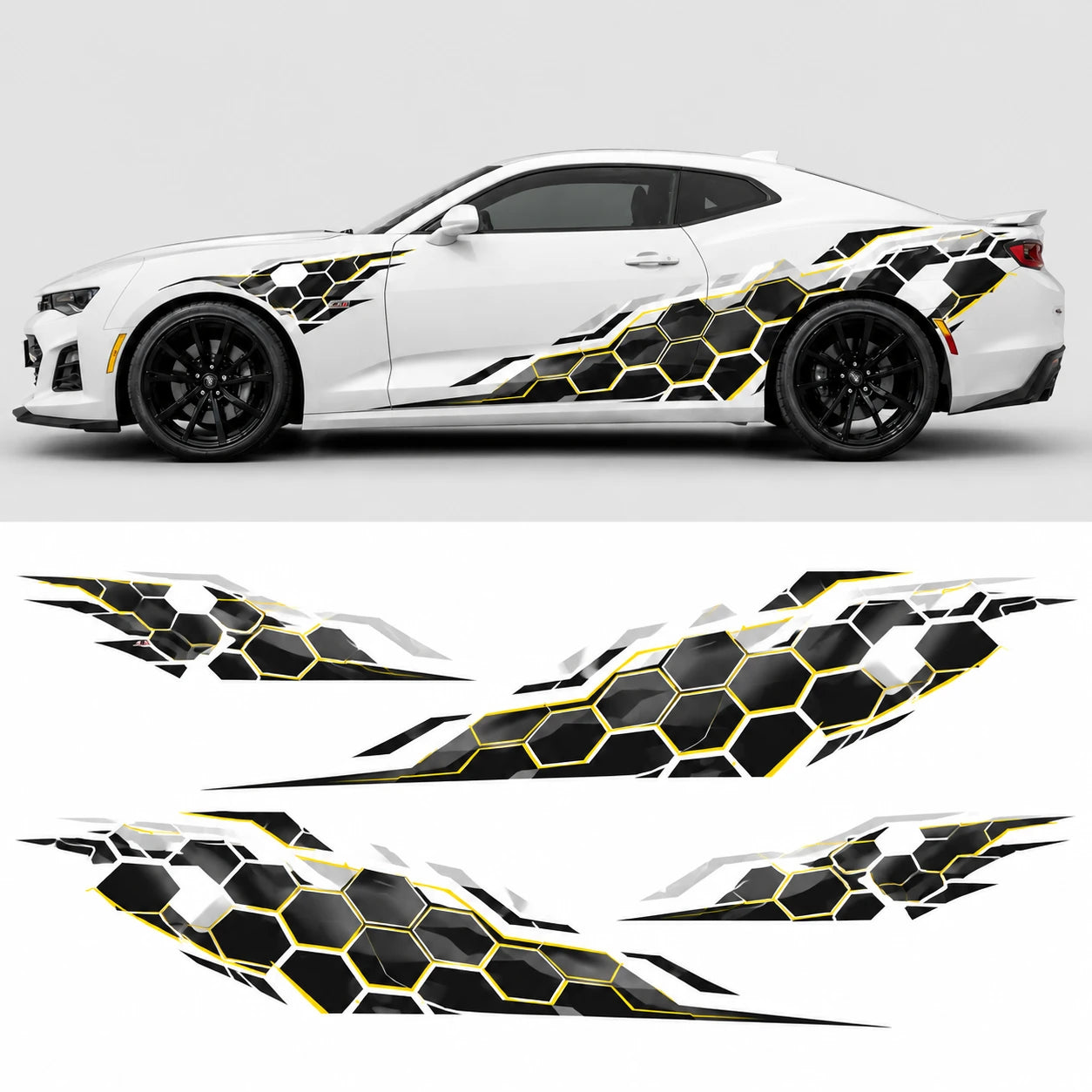 White Chevrolet Camaro ZL1 with honeycomb hex side decal – full side profile mockup with flat left and right decal artwork below
