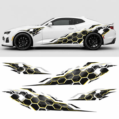 White Chevrolet Camaro ZL1 with honeycomb hex side decal – full side profile mockup with flat left and right decal artwork below