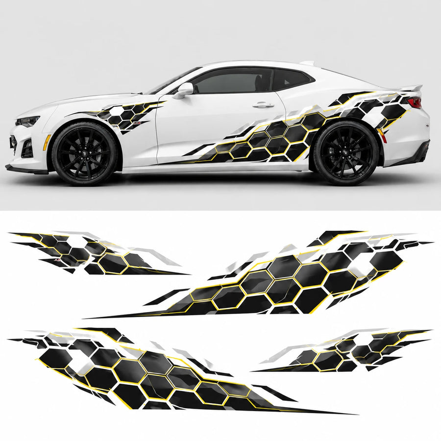 White Chevrolet Camaro ZL1 with honeycomb hex side decal – full side profile mockup with flat left and right decal artwork below