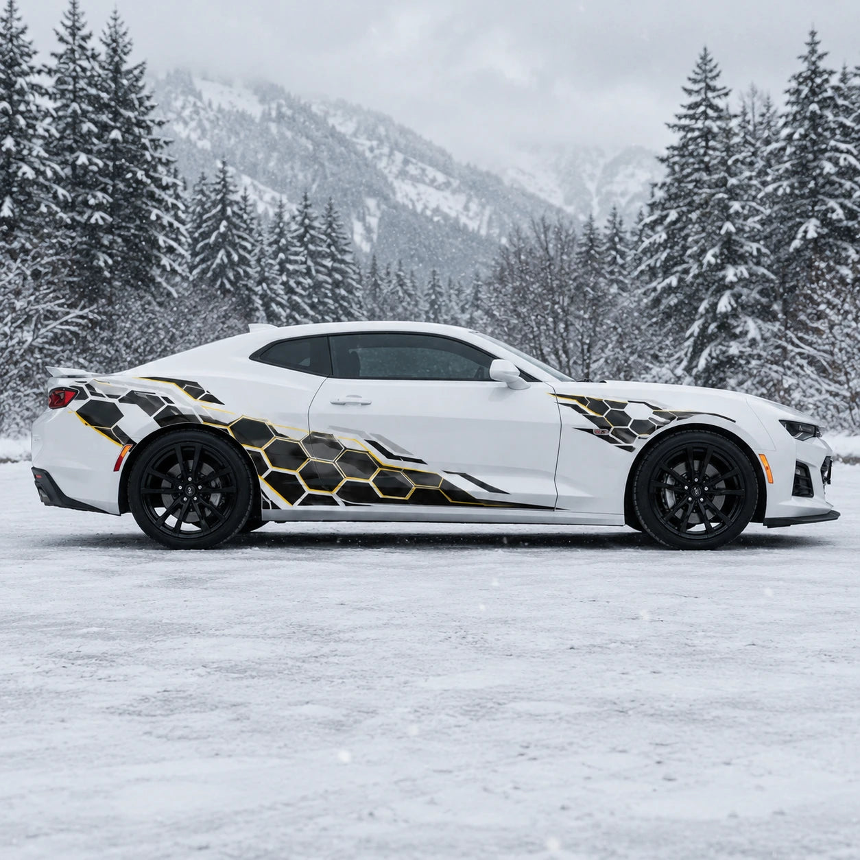 White Chevrolet Camaro ZL1 with honeycomb racing side decal – full side profile in snowy alpine forest setting