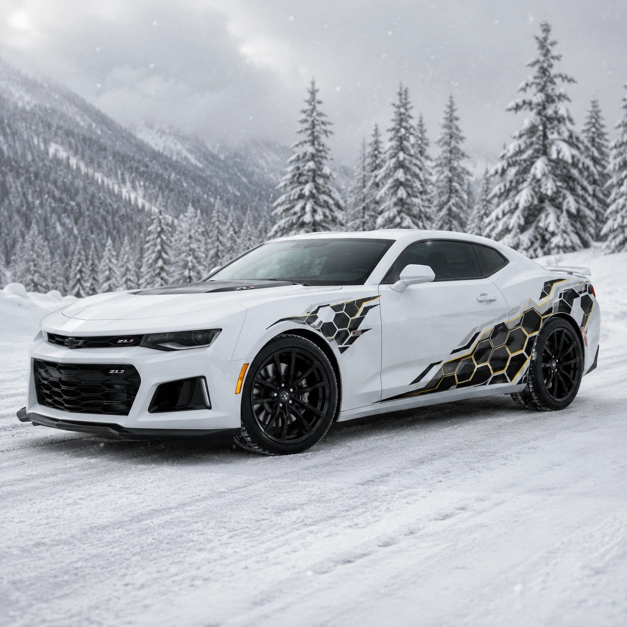 White Chevrolet Camaro ZL1 with honeycomb hex side decal – front 3/4 view in snowy winter forest landscape
