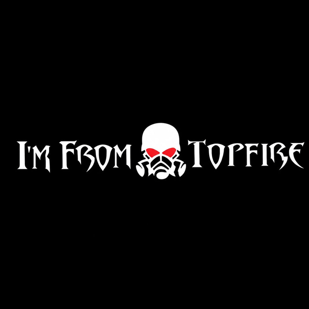 I'm From Topfire skull gas mask vinyl decal flat view white design on black background