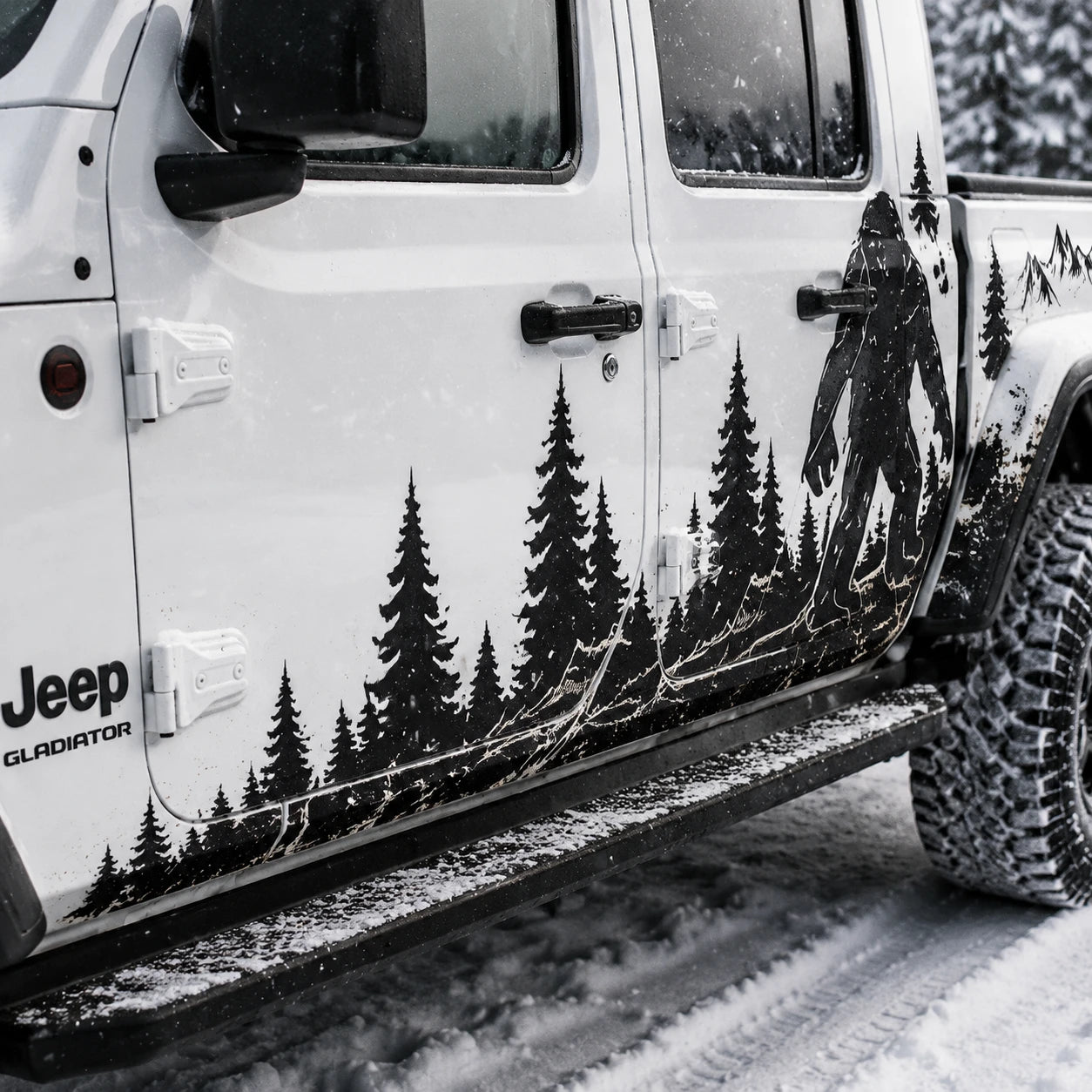 Jeep Gladiator Bigfoot decal – close-up of door panel graphic detail in snow