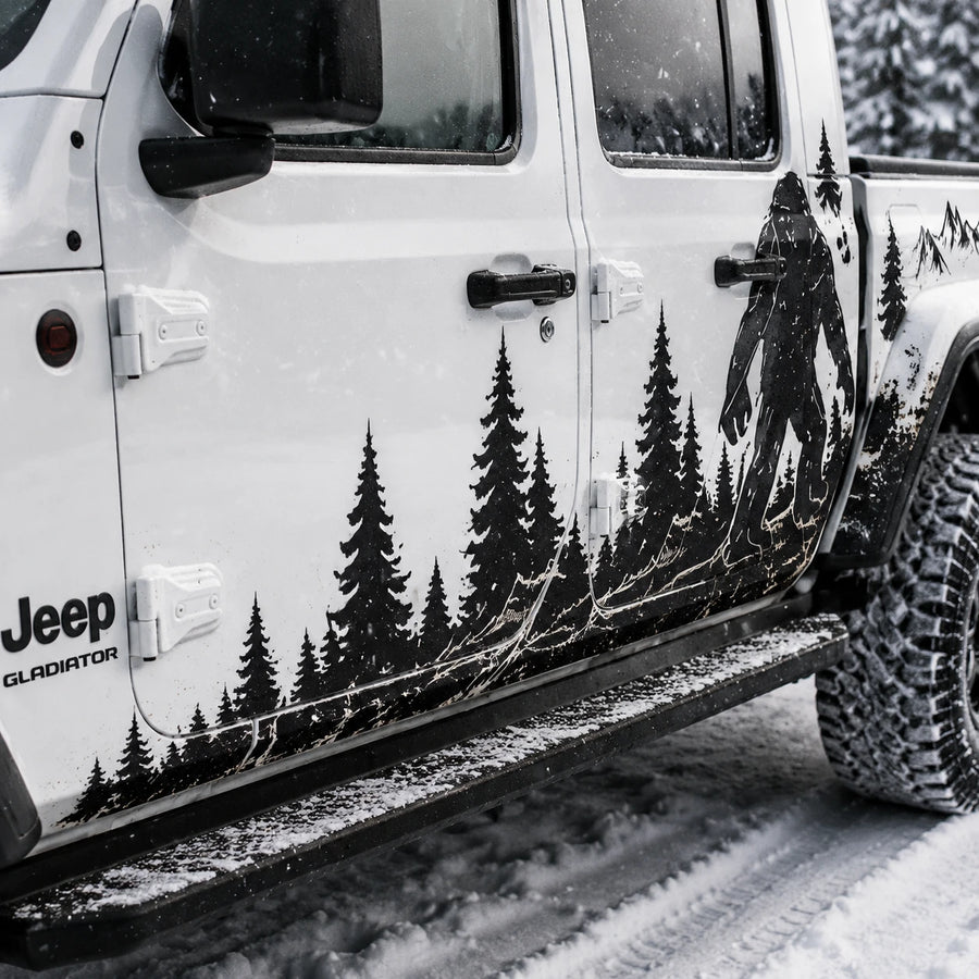 Jeep Gladiator Bigfoot decal – close-up of door panel graphic detail in snow