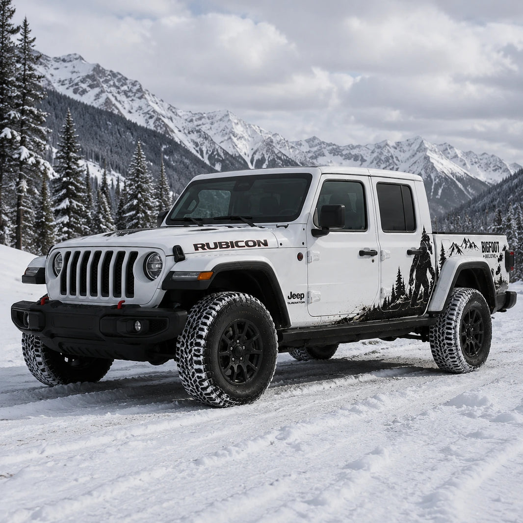 Jeep Gladiator Bigfoot Decal Kit – front 3/4 view in snowy mountain setting